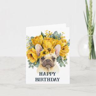 Carte Joyeux anniversaire aquarelle frenchie fleurs jaun