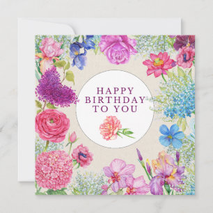 Carte Joyeux anniversaire aquarelle Jardin Fleurs