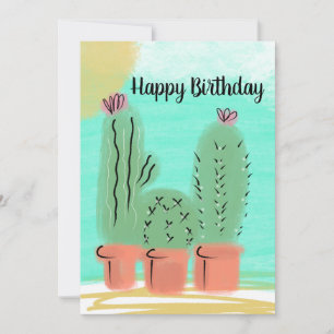 Carte Joyeux Anniversaire Aquarelle Jour Ensoleillé Cact