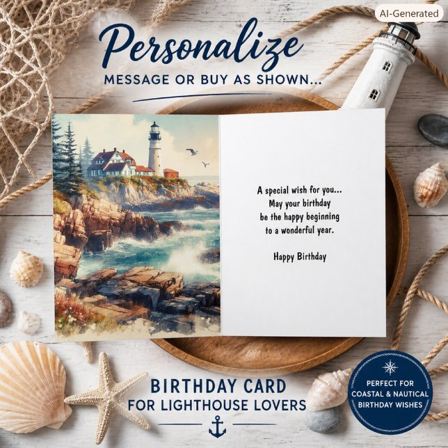 Carte Joyeux Anniversaire Aquarelle Phare Vintage  (Créateur téléchargé)