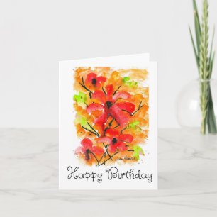 Carte Joyeux Anniversaire, Aquarelle Rouge Fleur Art