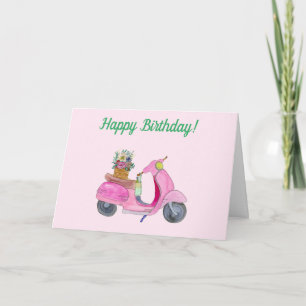 Carte Joyeux anniversaire aquarelle Scooter Fleurs & Vin