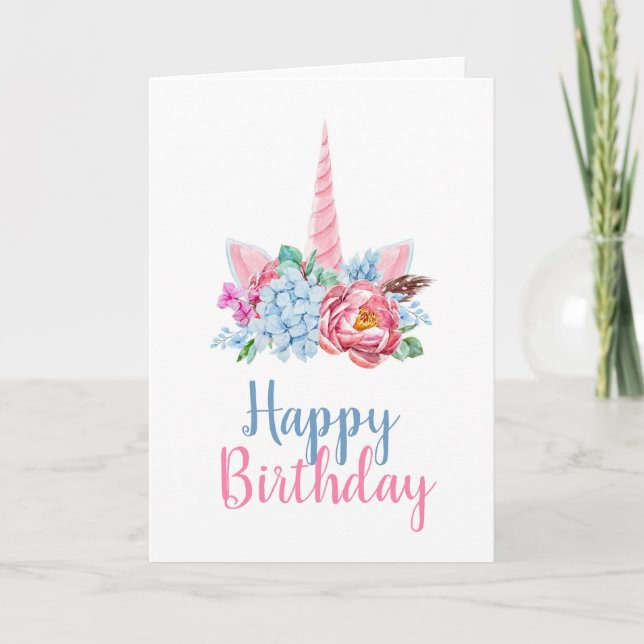 Carte Joyeux anniversaire | Aquarelle Unicorn Couronne f (Devant)