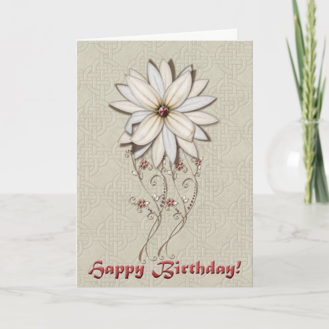 Carte Joyeux Anniversaire Argent Et Fleur Blanche (Devant)