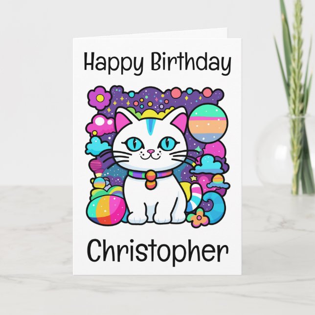 Carte Joyeux Anniversaire au Chat Cosmique Blanc Mignon (Devant)