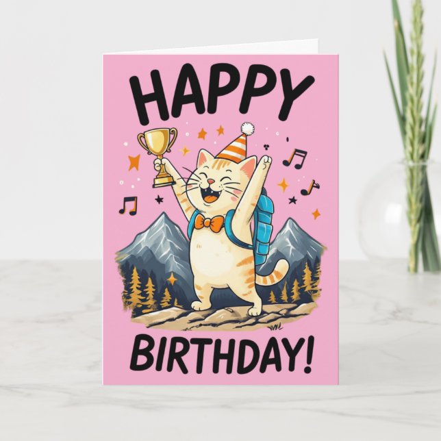 Carte Joyeux anniversaire au chat randonneur avec trophé (Devant)