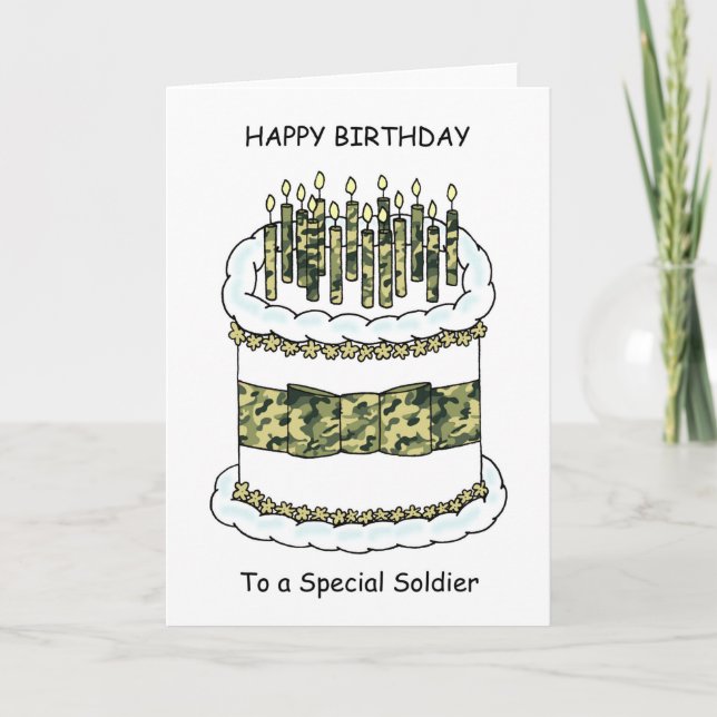 Carte Joyeux anniversaire au soldat gâteau et bougies (Devant)