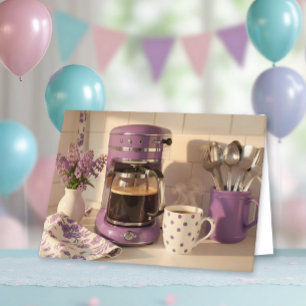 Carte Joyeux Anniversaire au thème de café violet mignon