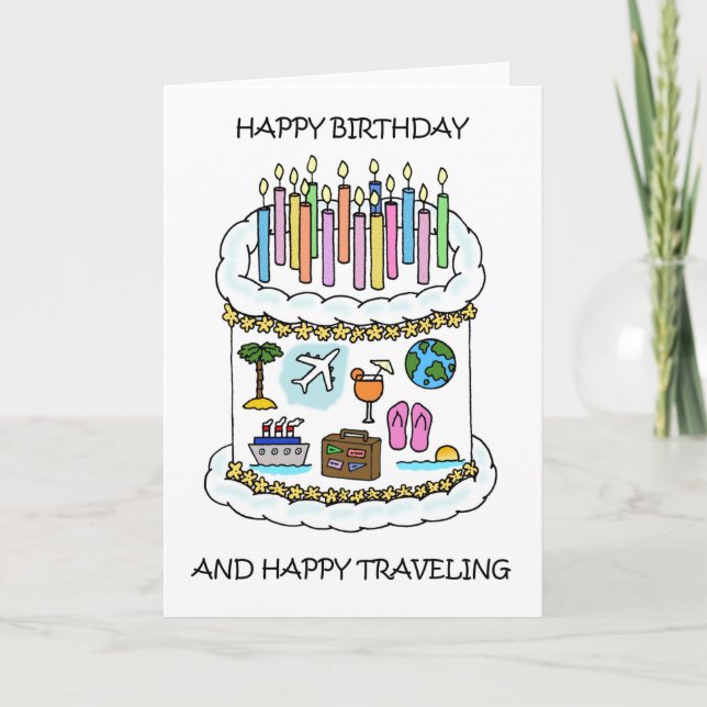Carte Joyeux anniversaire au voyageur Cake Candles et Vo (Devant)