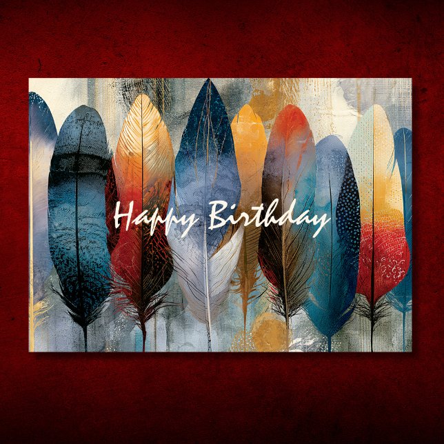 Carte Joyeux Anniversaire aux plumes bohèmes colorées (Colorful Boho Feathers Happy Birthday Card Front)