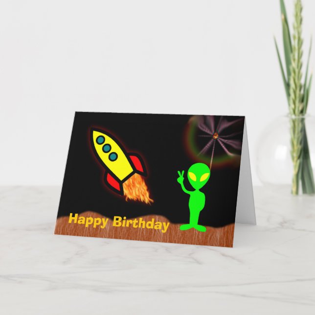 Carte Joyeux anniversaire avec alien martien pour fusée  (Devant)