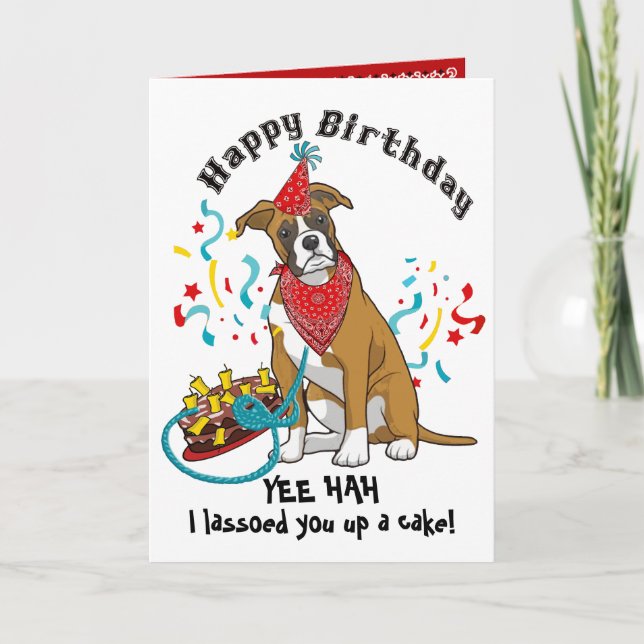 Carte Joyeux anniversaire avec Boxer en Bandana Rouge (Devant)