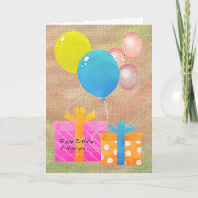 Carte Joyeux anniversaire avec cadeaux et ballons (Devant)