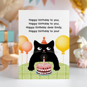 Carte Joyeux Anniversaire avec chat, gâteau et bou