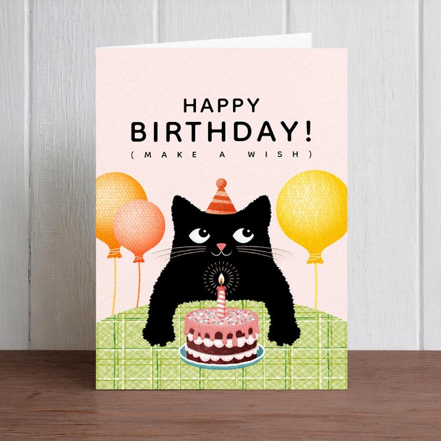 Carte Joyeux anniversaire avec chat noir, gâteau et boug (Créateur téléchargé)