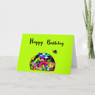 Carte Joyeux anniversaire avec de mignons Aliens spatiau