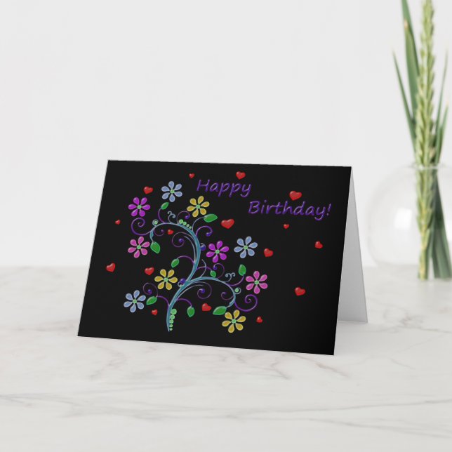 Carte Joyeux anniversaire avec Fleurs, Coeurs et Amour (Devant)
