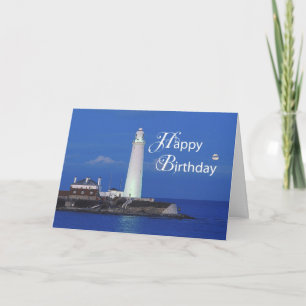 Carte Joyeux anniversaire avec le phare, sur le bleu