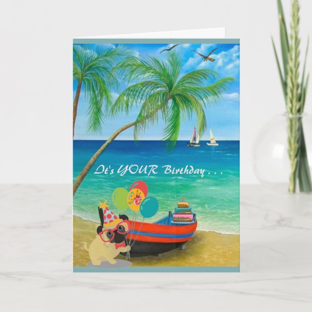 Carte Joyeux anniversaire avec sable et palmiers (Devant)