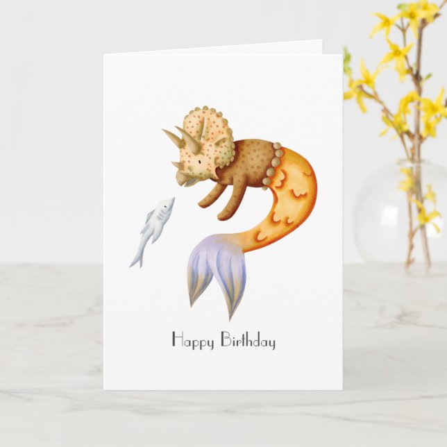 Carte Joyeux anniversaire avec Tricératops Mermaid (Fleur jaune)