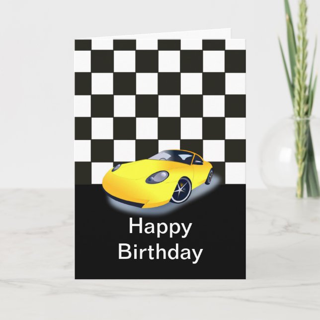 Carte Joyeux anniversaire avec voiture de course jaune (Devant)