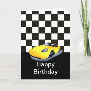 Carte Joyeux anniversaire avec voiture de course jaune