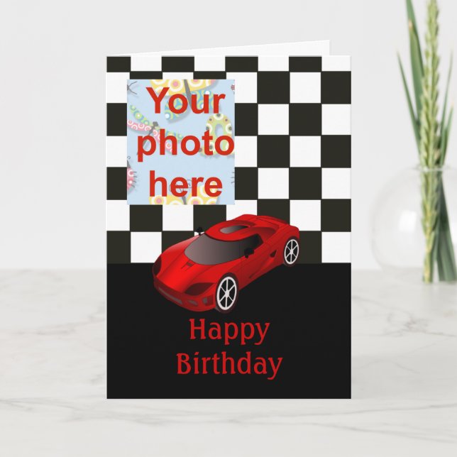 Carte Joyeux anniversaire avec voiture de course rouge (Devant)
