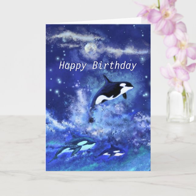 Carte Joyeux anniversaire - Baleines tueuses en Pleine l (Orchidée)