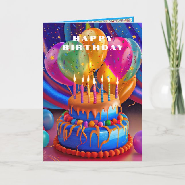 Carte Joyeux Anniversaire Ballons Gâteau Confettis (Devant)