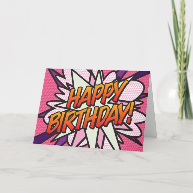 Carte JOYEUX ANNIVERSAIRE Bande Dessinée Pop Art Rose (Devant)