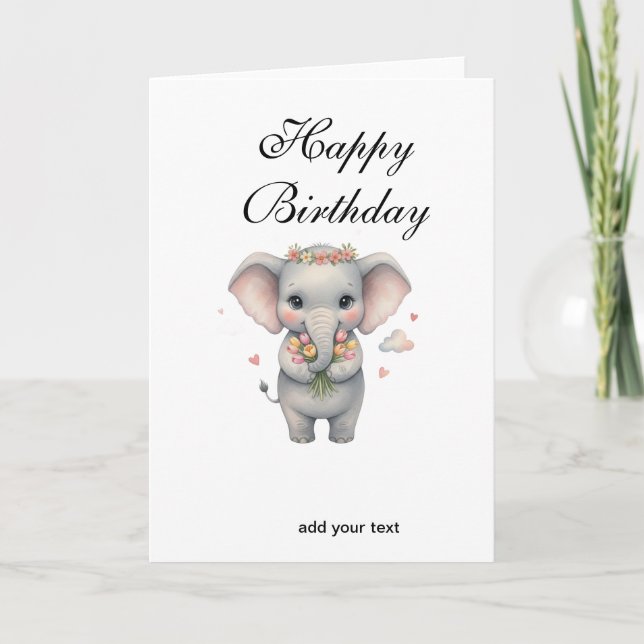 Carte Joyeux anniversaire bébé éléphant gris mignon name (Devant)