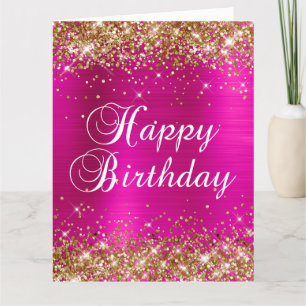 Carte Joyeux Anniversaire Big Gold Pailleté Rose Chaud F