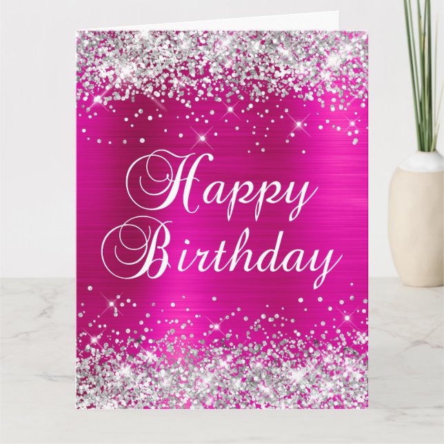 Carte Joyeux Anniversaire Big Silver Glitter Rose Chaud  (Devant)
