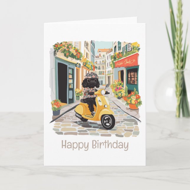 Carte Joyeux Anniversaire Black Doodle Riding Scooter (Devant)