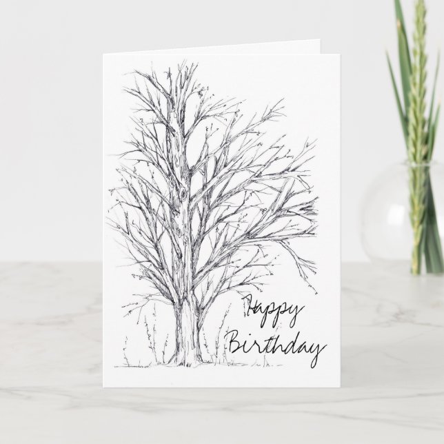 Carte Joyeux anniversaire Black White Tree Line Dessin d (Devant)