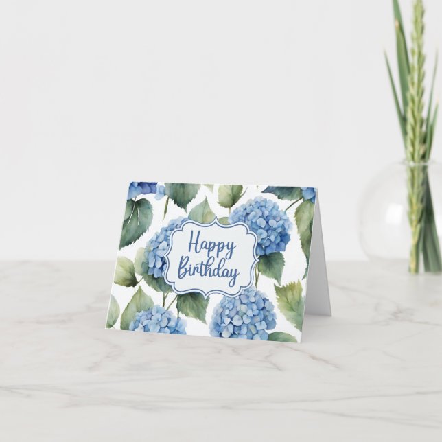 Carte Joyeux anniversaire bleu Hydrangea Fleurs aquarell (Devant)