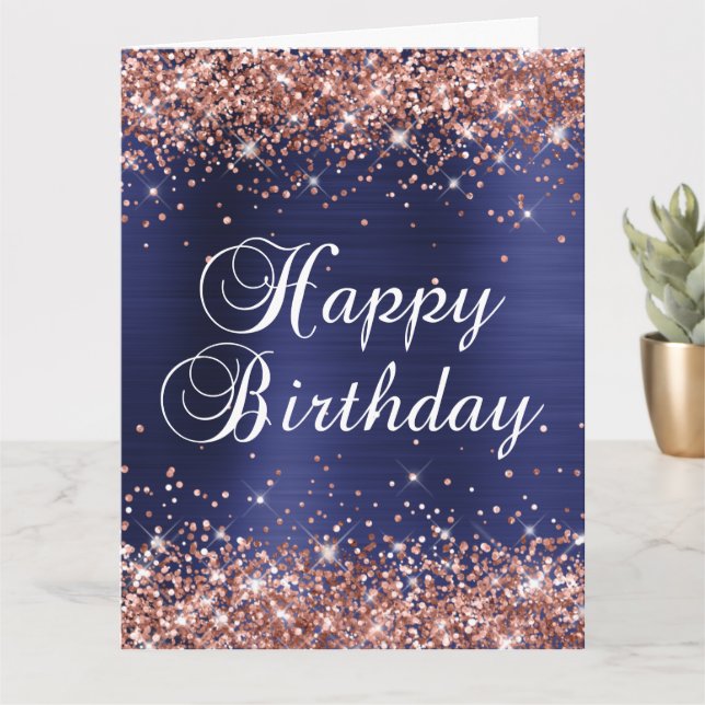 Carte Joyeux Anniversaire Bleu Nuit Paillettes Dorées (Petite plante)