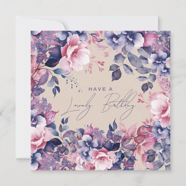 Carte Joyeux Anniversaire Boho Purple Jardin Floral Cham (Devant)