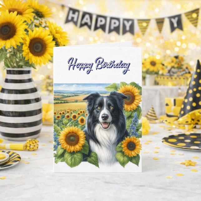 Carte Joyeux Anniversaire Border Collie (A cheerful Border Collie brings sunflower sunshine to your special birthday celebration. Dog Love!)