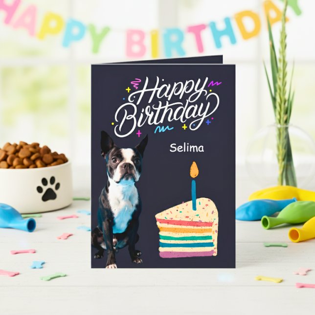 Carte Joyeux anniversaire Boston Terrier and Cake Card (Happy Birthday Boston Terrier and Cake Card)