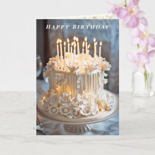 Carte Joyeux Anniversaire Bougies Roses Gâteau en Ivoire
