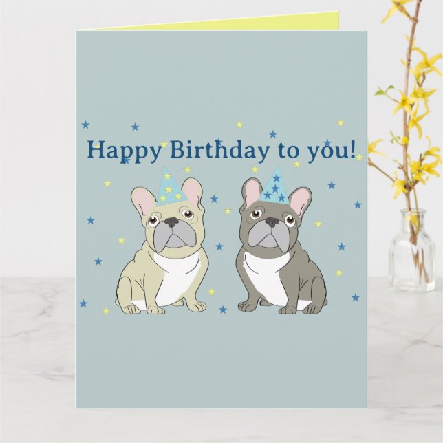 Carte Joyeux anniversaire bouledogue français (Fleur jaune)