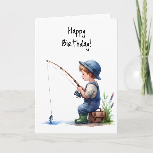 Carte Joyeux Anniversaire Boy Fishing Pond Overalls Casq (Devant)