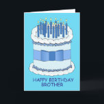 Carte Joyeux anniversaire Brother Cartoon gâteau et boug<br><div class="desc">Un gâteau d'anniversaire géant bleu et blanc avec un arc autour et les mots "Happy Birthday Brother". Le gâteau est couvert de bougies éclairées.</div>