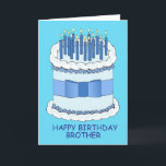 Carte Joyeux anniversaire Brother Cartoon gâteau et boug<br><div class="desc">Un gâteau d'anniversaire géant bleu et blanc avec un arc autour et les mots "Happy Birthday Brother". Le gâteau est couvert de bougies éclairées.</div>