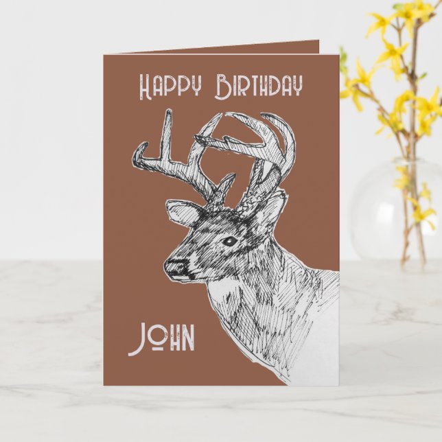 Carte Joyeux Anniversaire Buck Cerf Dessin de Faune (Fleur jaune)