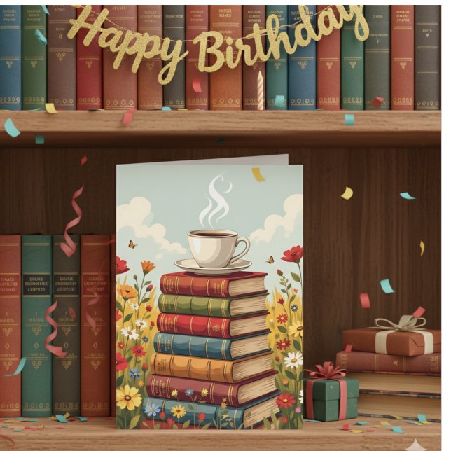 Carte Joyeux anniversaire | Café et livres (Créateur téléchargé)