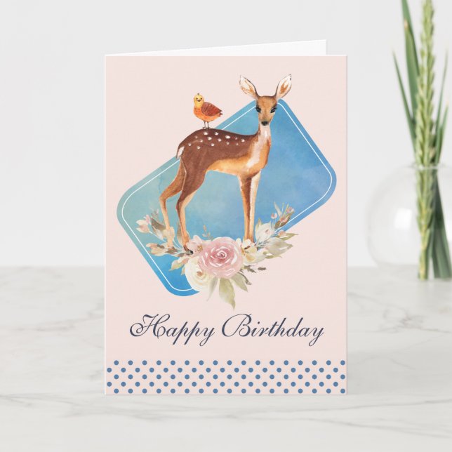 Carte Joyeux Anniversaire Cerf Aquarelle Brun Rustique (Devant)