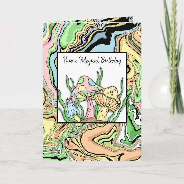 Carte Joyeux Anniversaire Champignons Rétro et page de c (Devant)