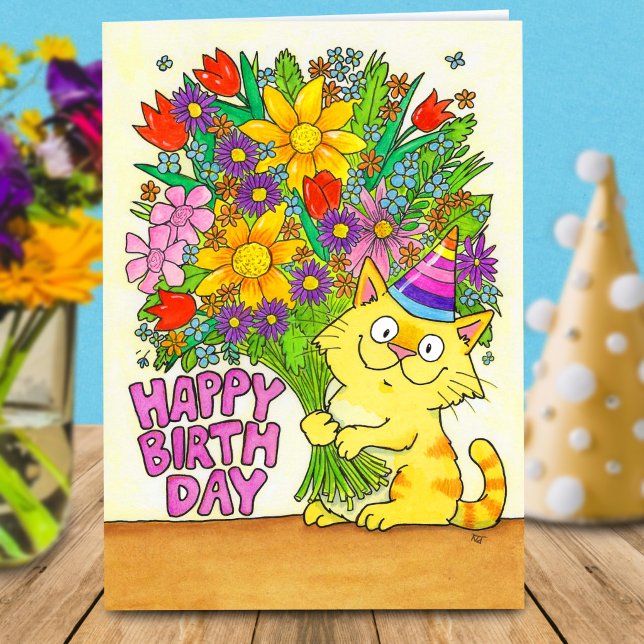 Carte Joyeux Anniversaire Chat avec Fleurs Message (Créateur téléchargé)